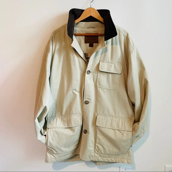 OUTFITTERS Roundtree & Yourke Tan Field Jacket w Brown Leather Collar Size L NWT